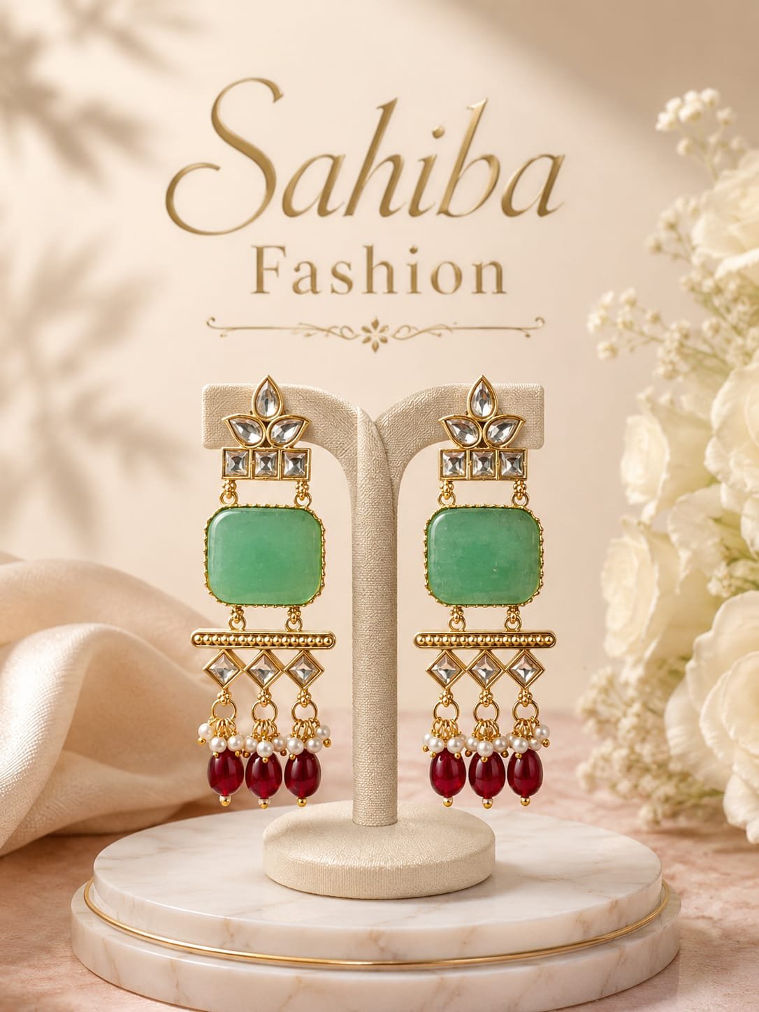 green & red beaded statement earrings – traditional ethnic earrings mock 2 Green stone and red beaded statement earrings with pearl accents