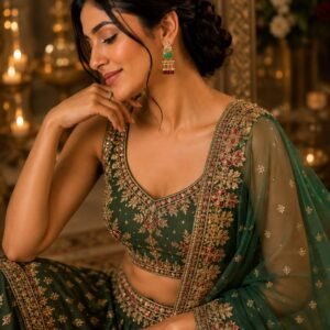 Indian woman wearing green stone gold statement earrings with red beads and a dark green embroidered lehenga.