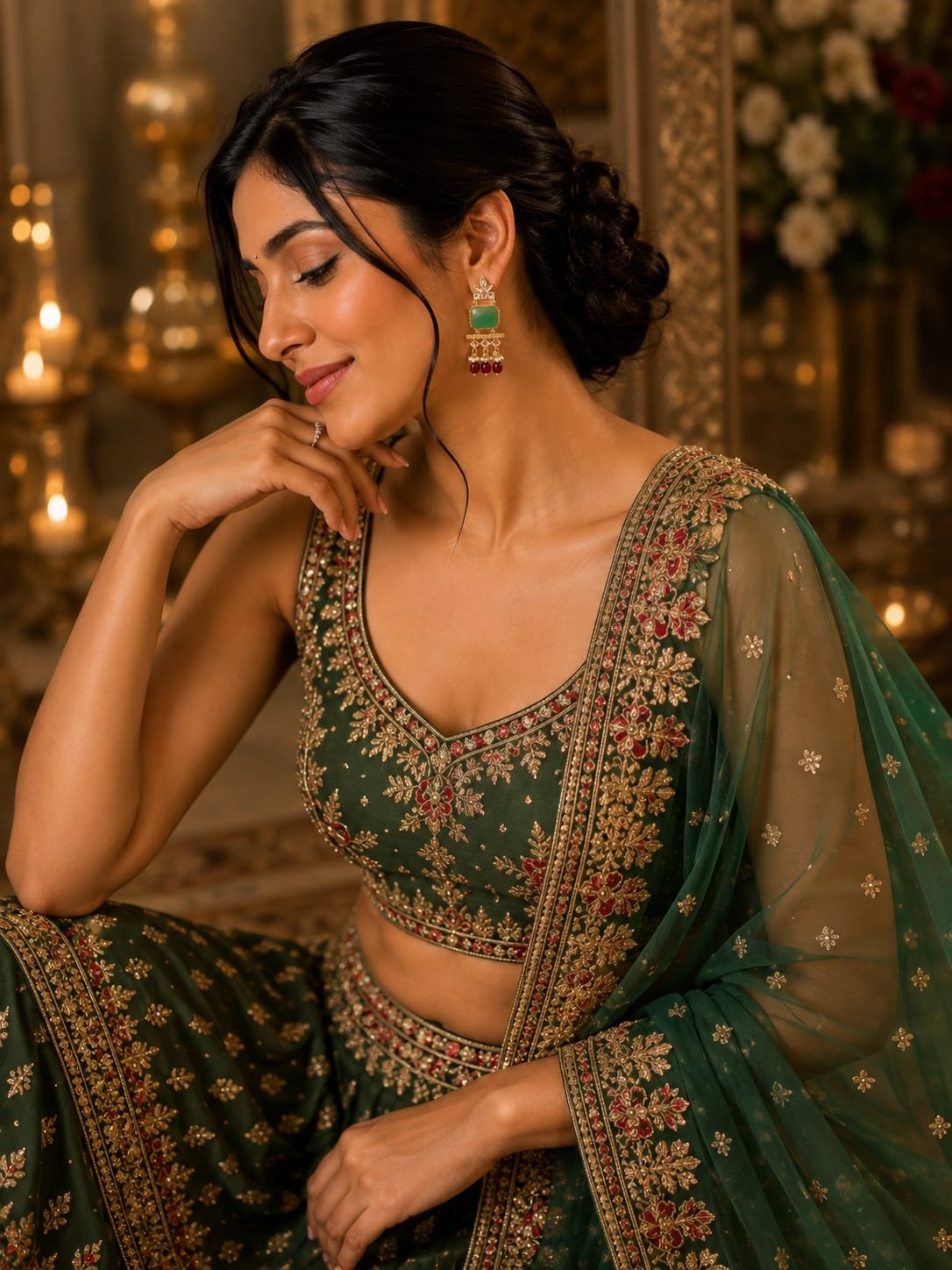 green & red beaded statement earrings – traditional ethnic earrings model 1 Indian woman wearing green stone gold statement earrings with red beads and a dark green embroidered lehenga.