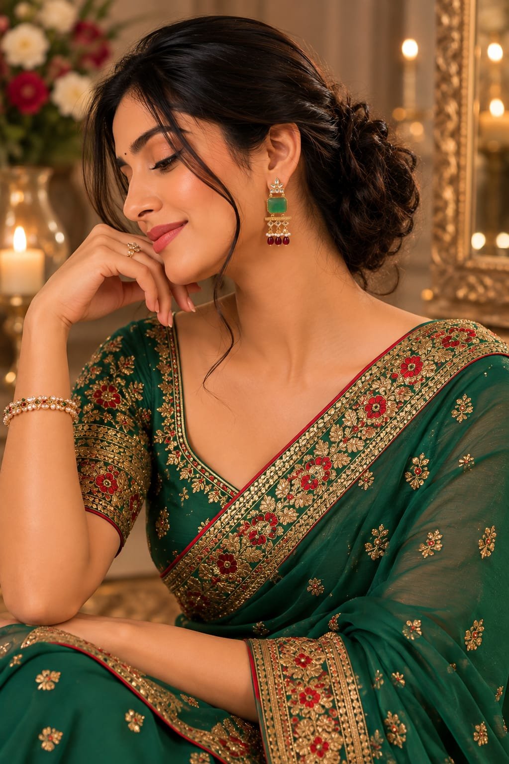 green & red beaded statement earrings – traditional ethnic earrings model 2 Model leaning on her hand wearing green stone gold earrings with red bead drops and a green saree with red embroidery.