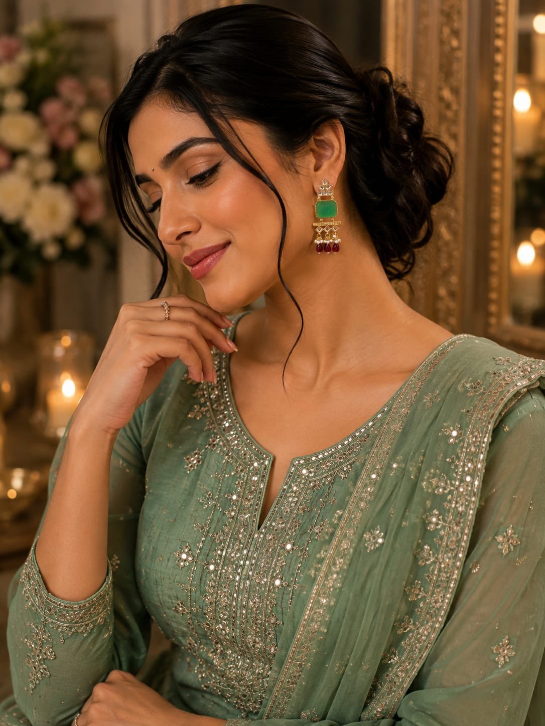 green & red beaded statement earrings – traditional ethnic earrings model 4 Woman looking down while wearing green stone drop earrings with red beads, paired with a sage green embroidered suit.