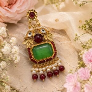 Pink stone golden earrings with green beads, pearl detailing and peacock-inspired design