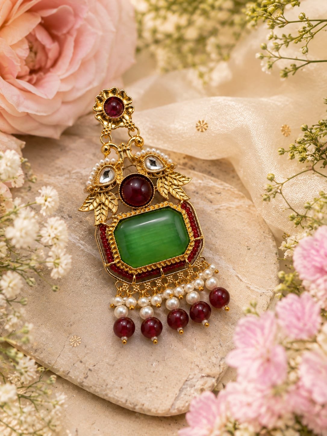 green stone red beads golden earrings traditional pearl earrings mockup 4 Pink stone golden earrings with green beads, pearl detailing and peacock-inspired design