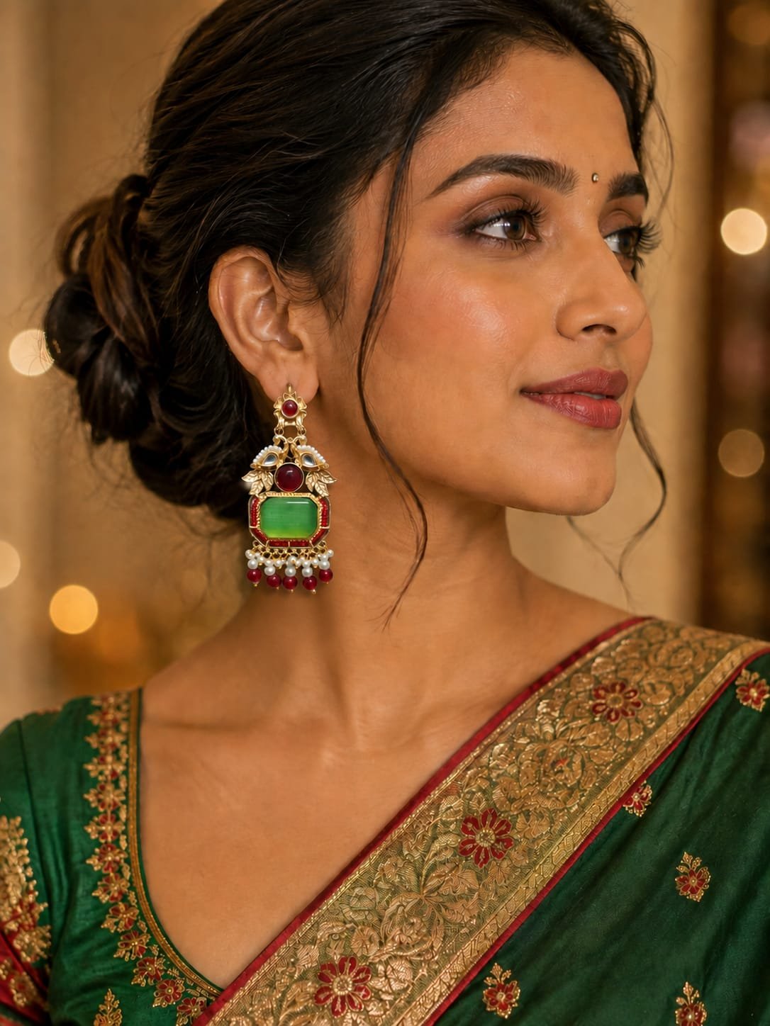 green stone red beads golden earrings traditional pearl earrings model 1 Close-up of a model wearing green stone gold statement earrings with red bead drops and pearl trim, paired with a green saree.