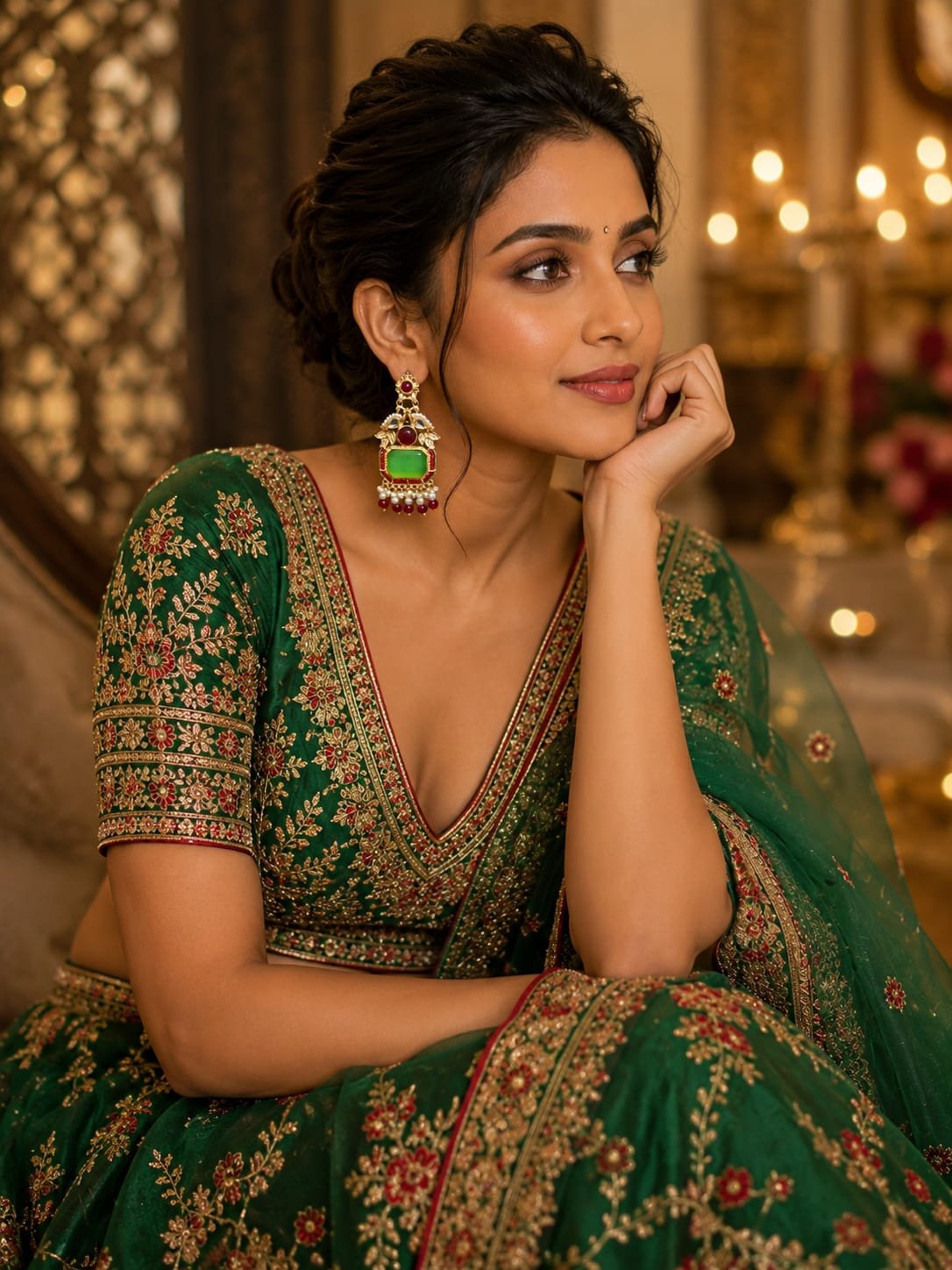 green stone red beads golden earrings traditional pearl earrings model 2 Model looking into a mirror reflection wearing green stone gold statement earrings and a green sharara set.