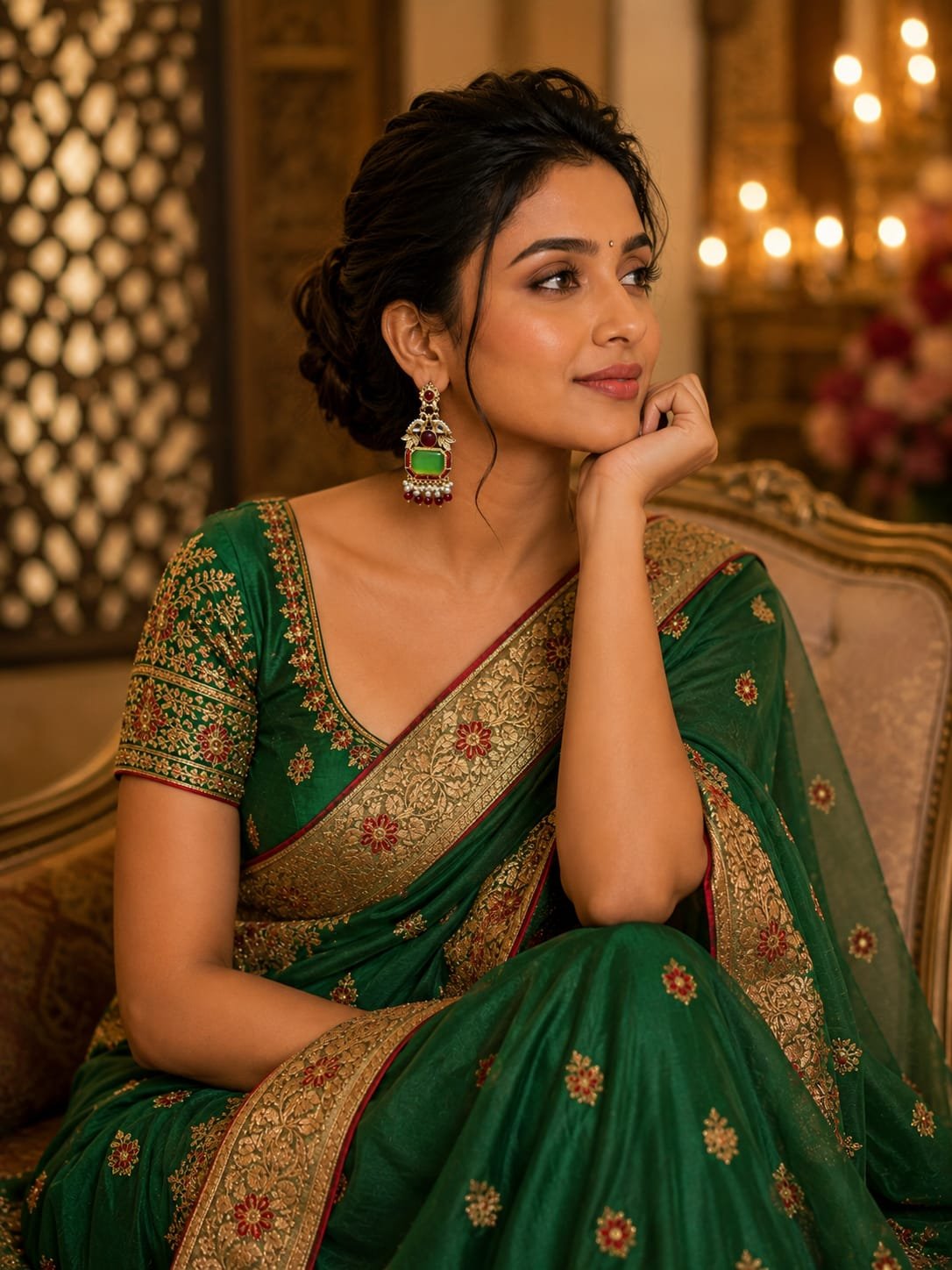green stone red beads golden earrings traditional pearl earrings model 3 Woman wearing green stone gold drop earrings with red bead drops, posing on a vintage sofa in a green suit.