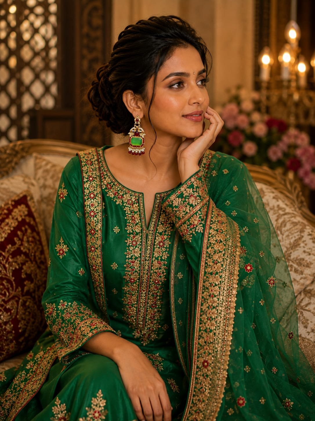 green stone red beads golden earrings traditional pearl earrings model 4 Model sitting in an ethnic outfit wearing green stone gold earrings with red beads and pearls, looking off-camera.