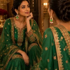Woman with a high bun wearing emerald green stone gold earrings with red bead clusters, resting her hand on her chin in front of a mirror.