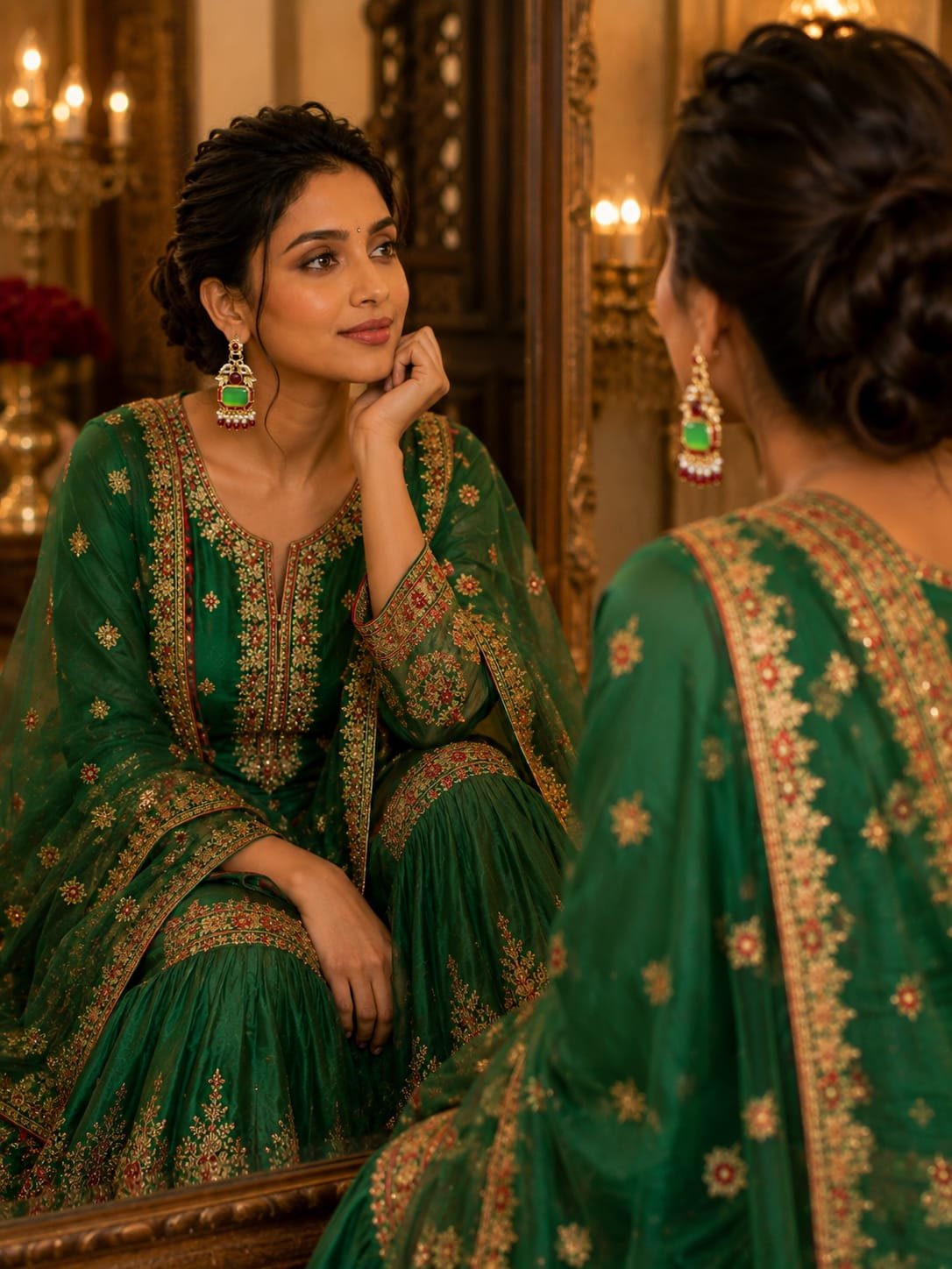 green stone red beads golden earrings traditional pearl earrings model 5 Woman with a high bun wearing emerald green stone gold earrings with red bead clusters, resting her hand on her chin in front of a mirror.