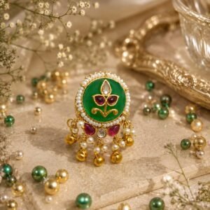 Pink stone pearl jhumka chandbali earrings with golden detailing