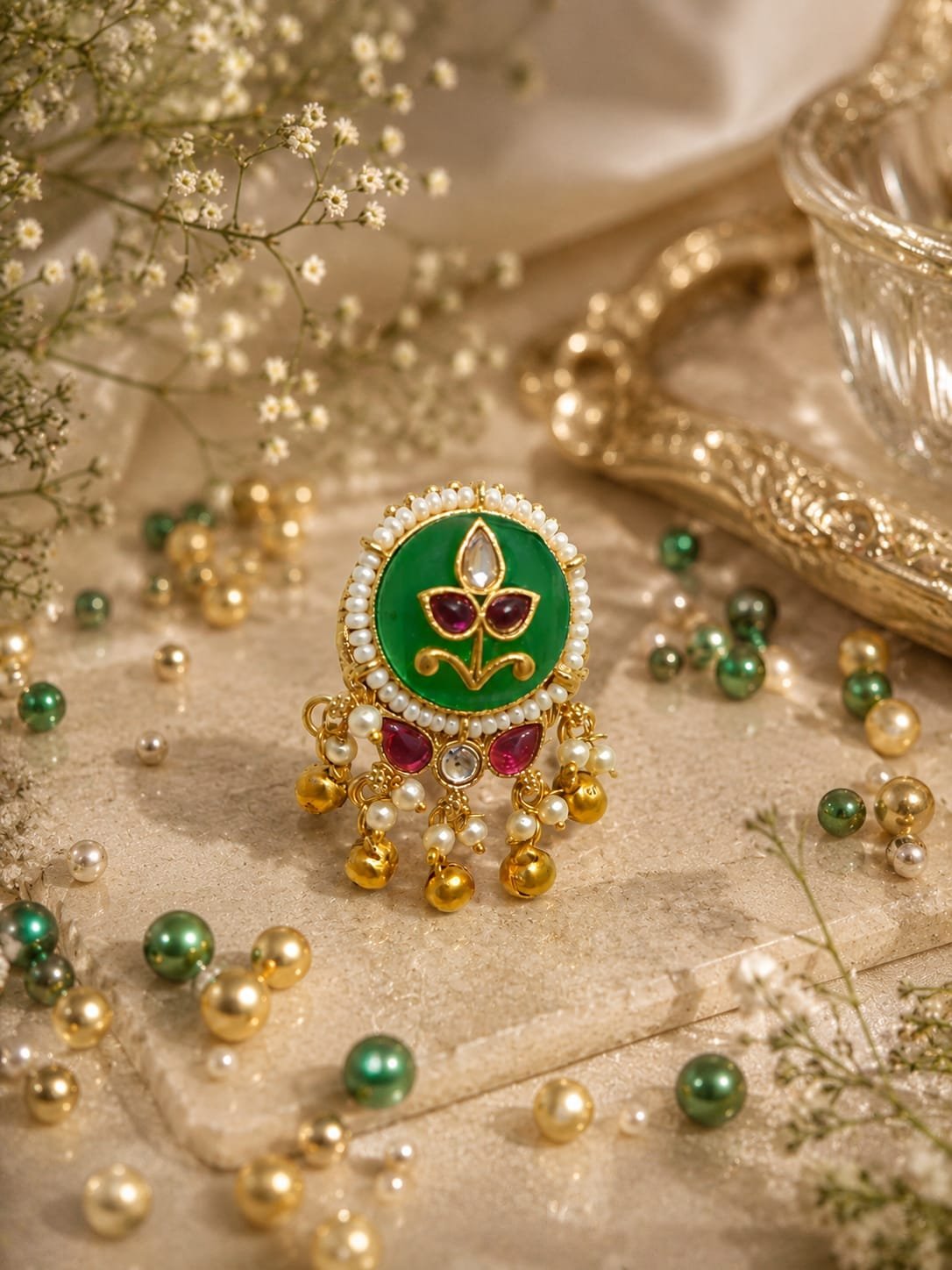 green stone small kundan earrings mockup 4 Pink stone pearl jhumka chandbali earrings with golden detailing