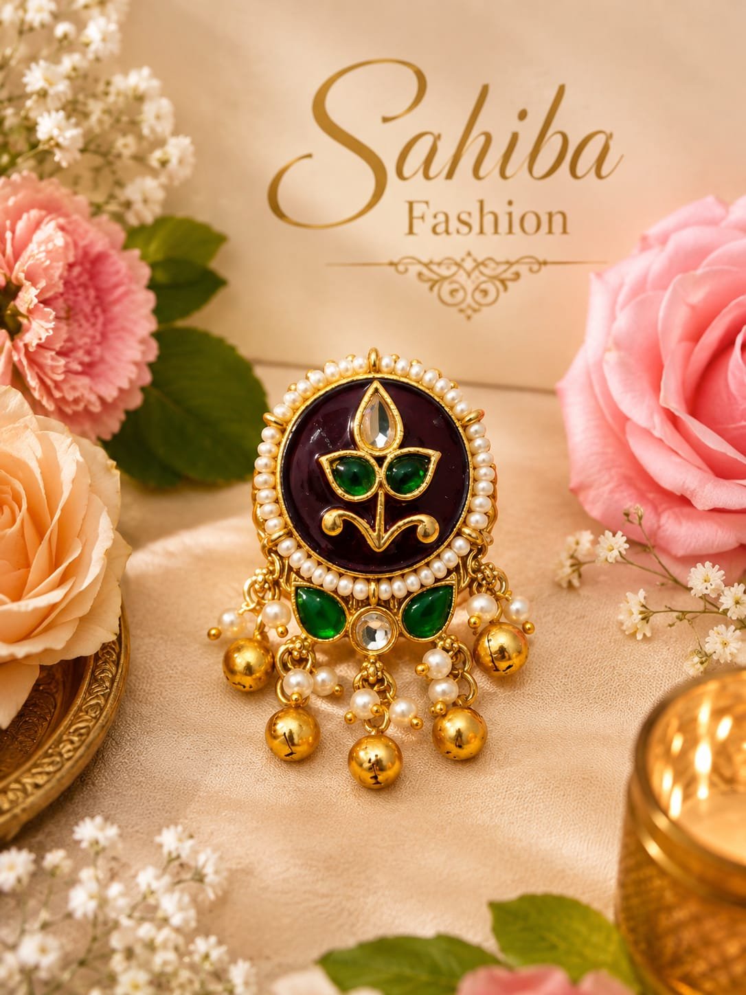 maroon green stone pearl jhumka chandbali earrings sahiba fashion mockup 3 Maroon red and green stone pearl jhumka chandbali earrings with golden detailing