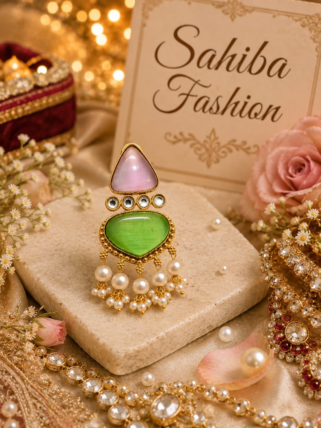 pink green stone pearl statement earrings mockup 1 pink green stone pearl statement earrings mockup 1