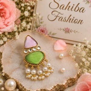 pink green stone pearl statement earrings mockup 3