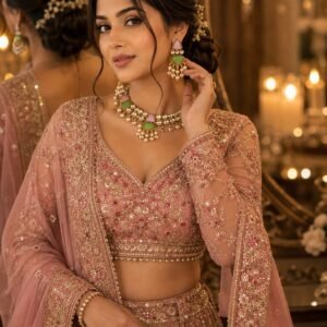 Indian bride wearing pink green stone pearl statement earrings with embroidered lehenga.