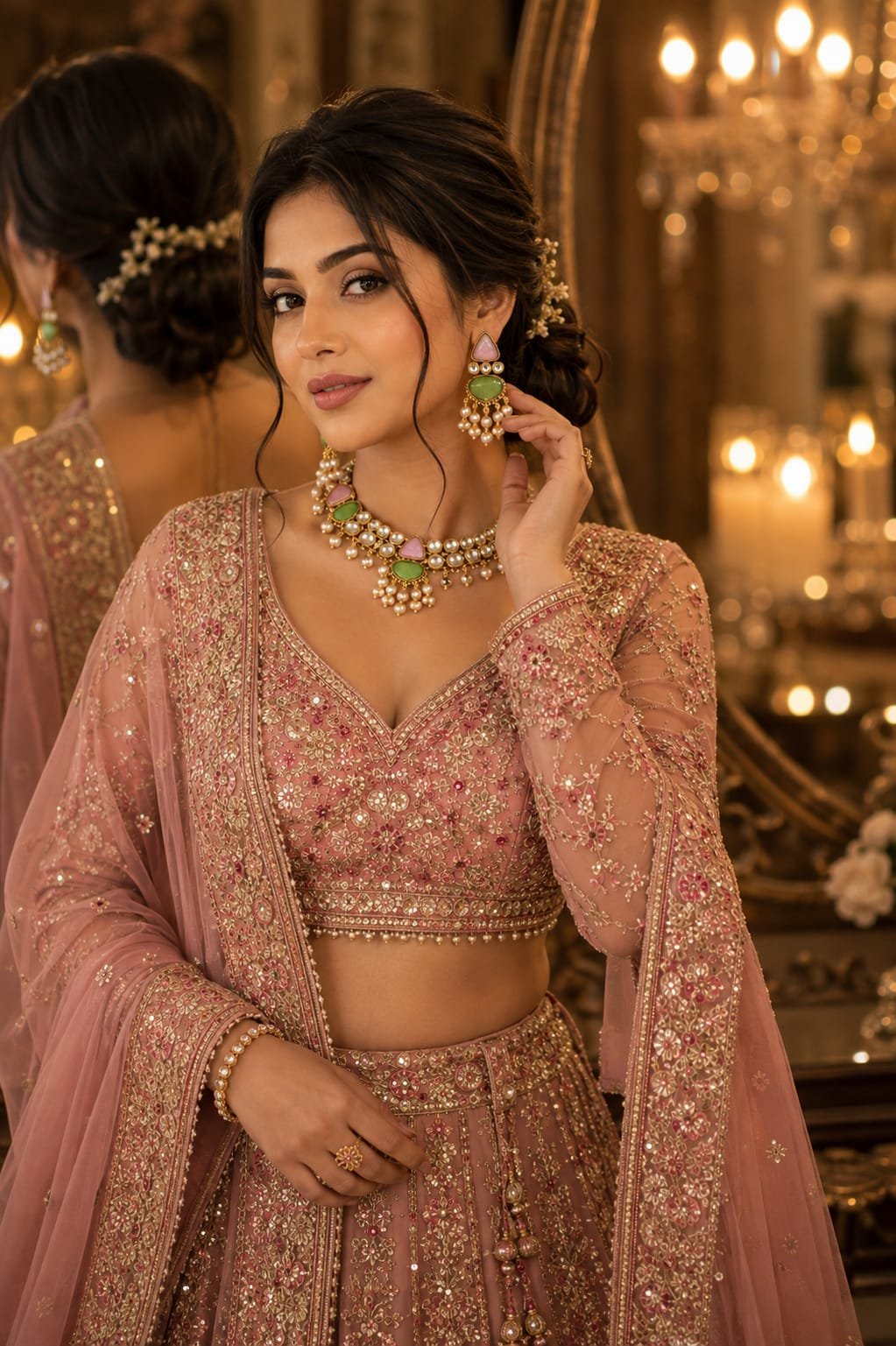 pink green stone pearl statement earrings model 1 Indian bride wearing pink green stone pearl statement earrings with embroidered lehenga.