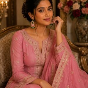 Indian woman seated in an armchair wearing pink stone gold drop earrings with green beads and a matching pink embroidered suit.