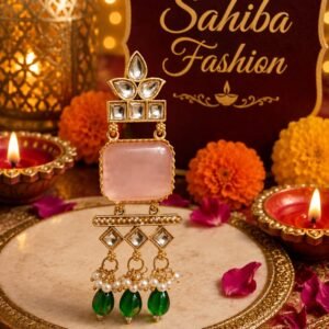 Pink stone and green beaded statement earrings with pearl accents