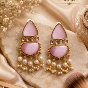 Pink stone pearl statement earrings with golden detailing