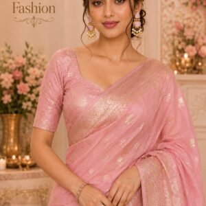 Indian woman in mint green saree wearing pink stone statement earrings with pink beads.