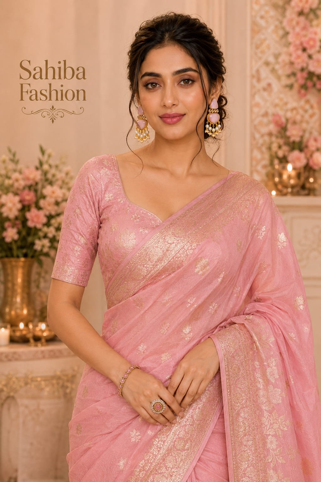 pink stone with white pearl earrings model 1 Indian woman in mint green saree wearing pink stone statement earrings with pink beads.