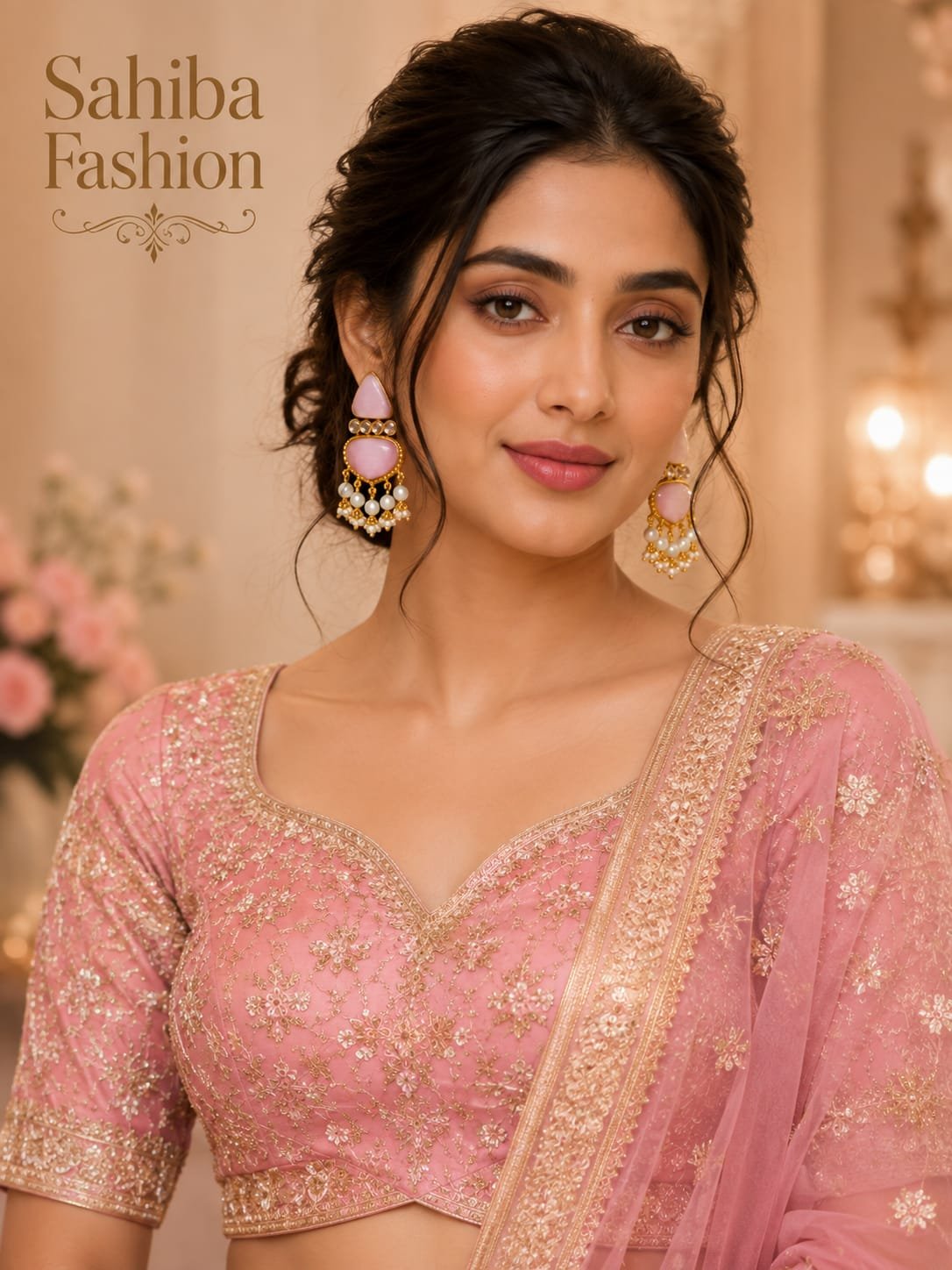 pink stone with white pearl earrings model 3 Portrait of woman in embroidered pink choli wearing pink stone pearl earrings.