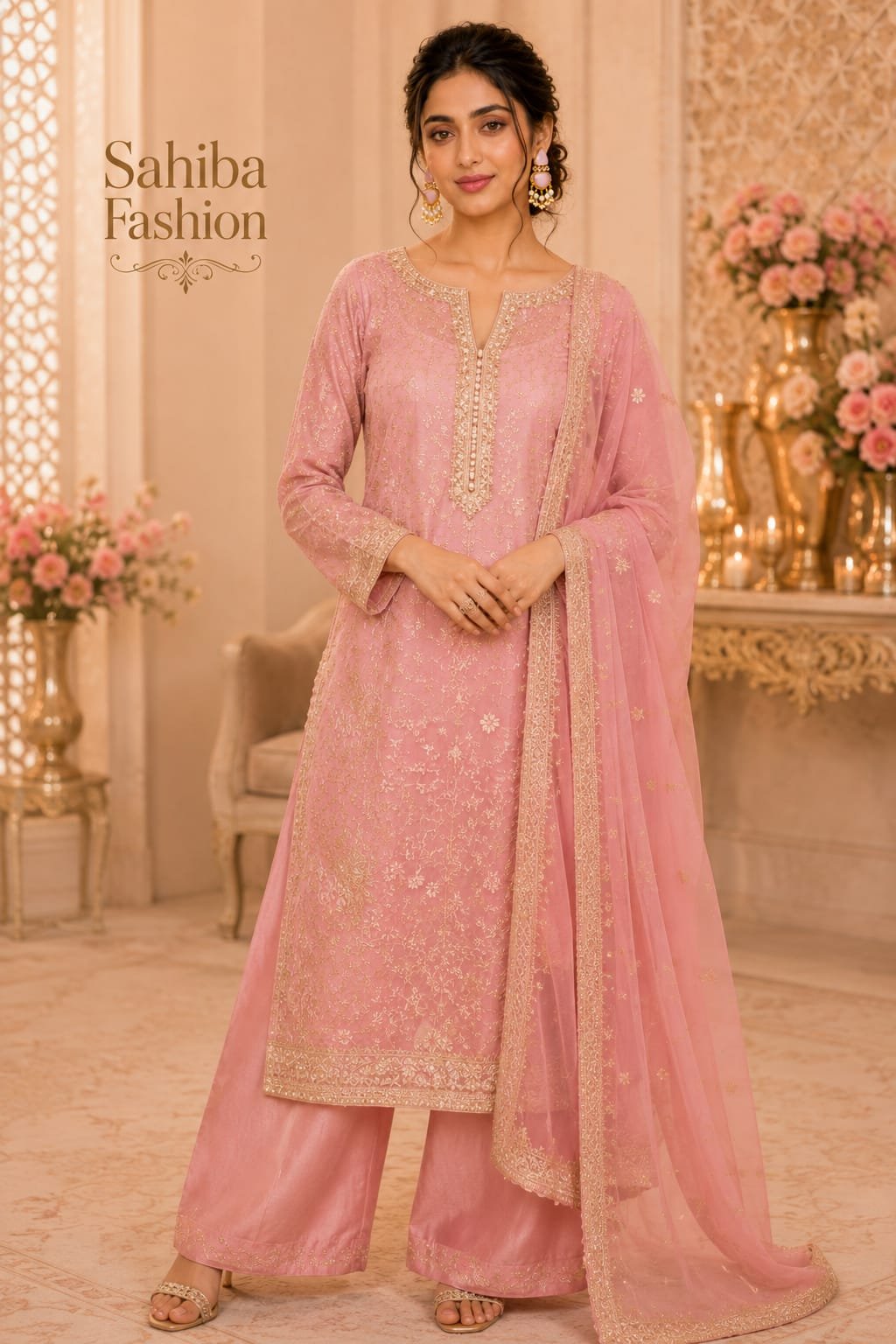 pink stone with white pearl earrings model 4 Full length model in pink embroidered kurta set with pink stone pearl earrings.