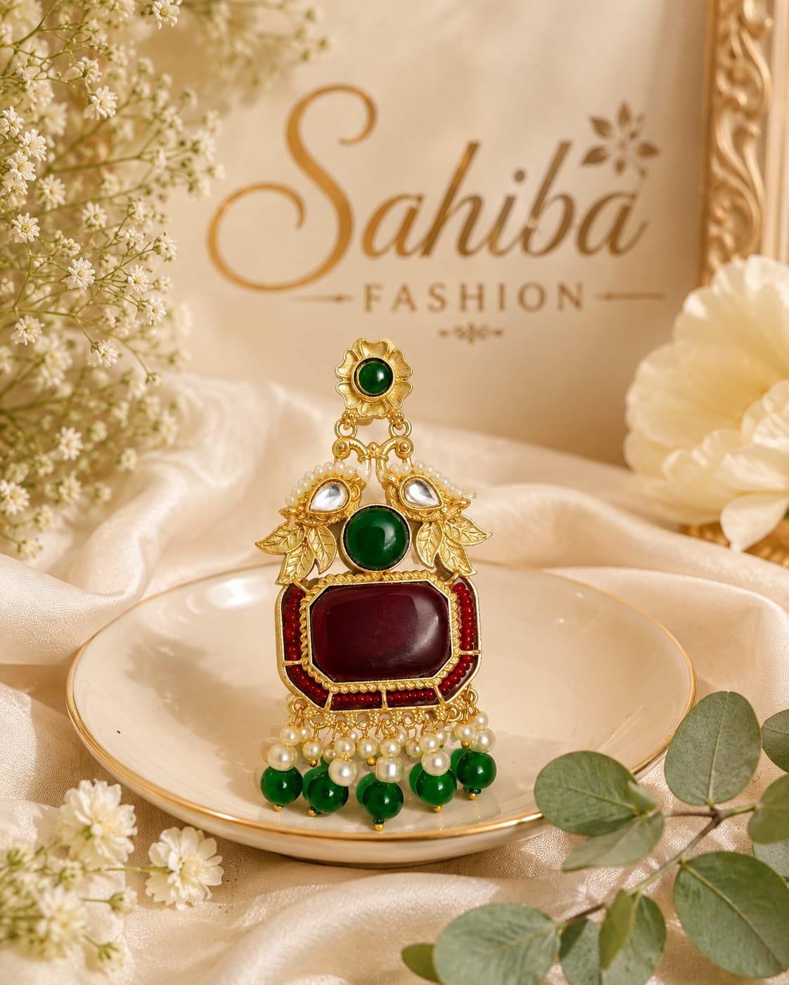red stone green bead golden earrings traditional pearl earrings mockup 1 Red stone golden earrings with green beads, pearl detailing and peacock-inspired design
