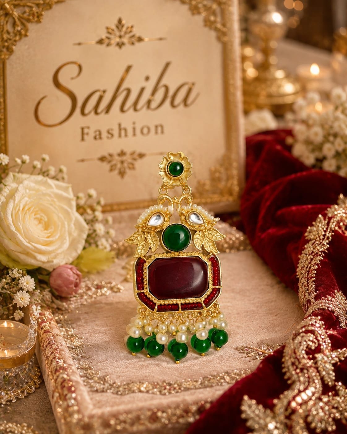 red stone green bead golden earrings traditional pearl earrings mockup 3 red stone green bead golden earrings traditional pearl earrings mockup 3