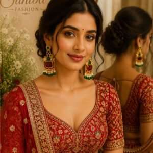 Indian bride wearing traditional gold drop earrings with a red rectangular gemstone, green beads, and pearl dangles paired with a red embroidered lehenga.