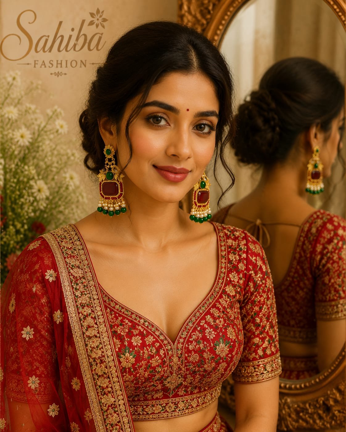 red stone green bead golden earrings traditional pearl earrings model 1 Indian bride wearing traditional gold drop earrings with a red rectangular gemstone, green beads, and pearl dangles paired with a red embroidered lehenga.
