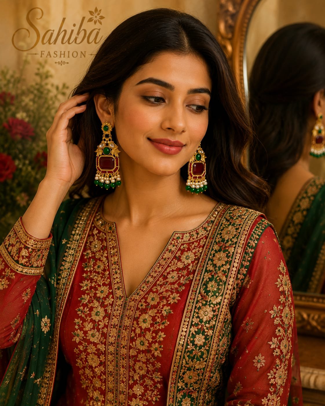 red stone green bead golden earrings traditional pearl earrings model 2 Model styling gold statement earrings featuring a large red center stone and green bead drops with a red and green embroidered ethnic suit.