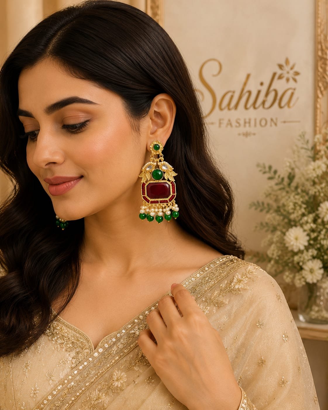 red stone green bead golden earrings traditional pearl earrings model 3 Model looking down while wearing red stone gold drop earrings with green bead details and a red zardozi silk saree.