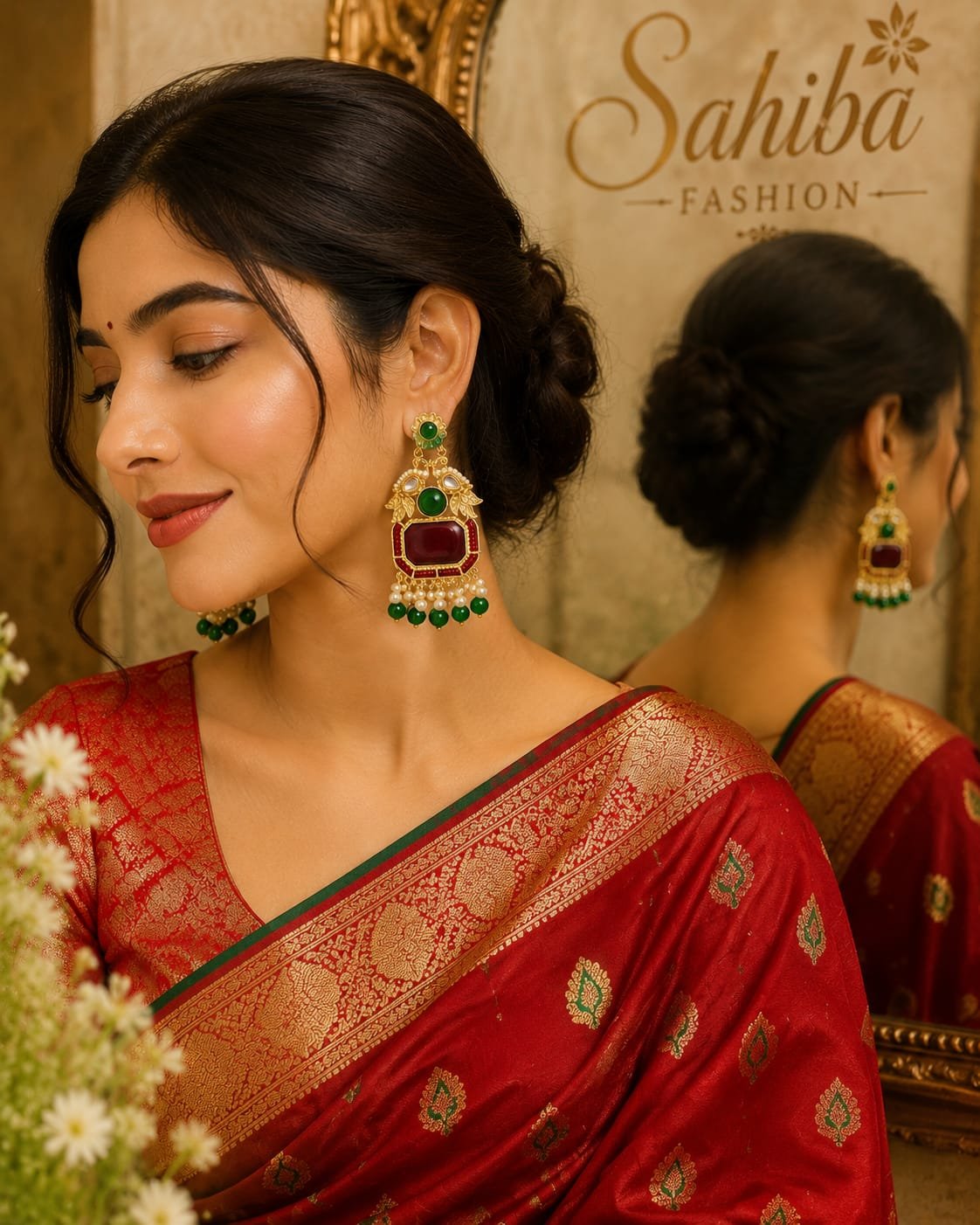 red stone green bead golden earrings traditional pearl earrings model 4 Woman wearing rectangular red stone gold drop earrings with pearl and green bead drops, paired with a beige embellished saree.