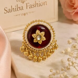 Ruby red stone pearl border chandbali earrings with golden bead drops