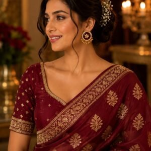 Indian woman showcasing round ruby red stone stud earrings with a matching maroon gold-embroidered saree.