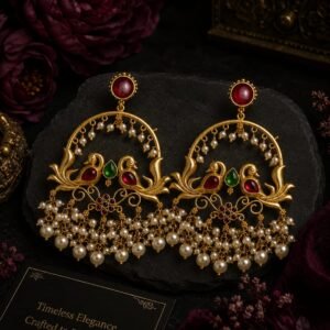 Antique gold peacock chandbali earrings with pink, green and maroon stones and pearl bead detailing