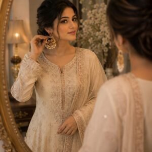 Woman looking into a carved gold mirror while holding an antique gold peacock chandbali earring.