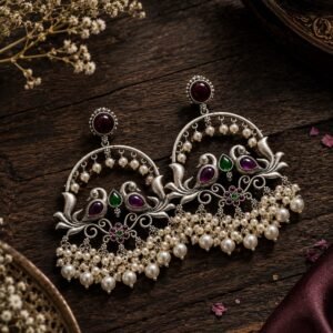 Antique silver peacock chandbali earrings with pink, green and maroon stones and pearl bead detailing