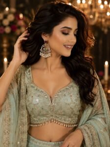 Close-up of model wearing silver peacock chandbali earrings with pearl tassels and a light mint green choli.