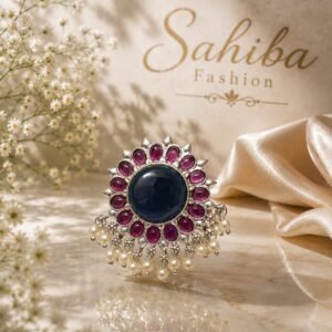 Blue round stone earrings with pink beads, pearl detailing and golden traditional design
