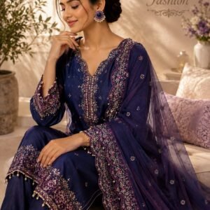 Sahiba Fashion round blue stone stud earrings styled on model with navy ethnic suit