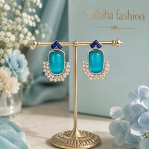 blue stone pearl drop earrings silver tone statement earrings mockup 2