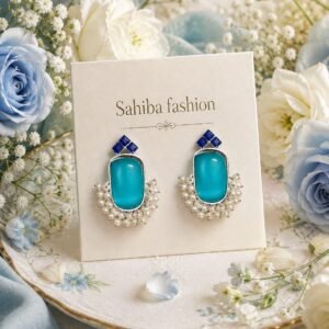Silver-tone blue stone pearl drop earrings with blue square accents and delicate pearl detailing