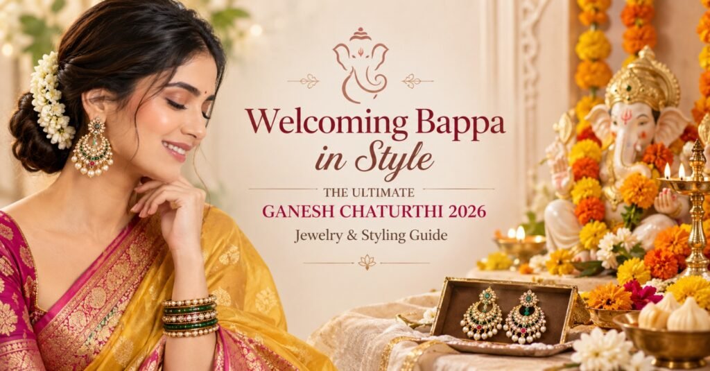 Ganesh Chaturthi Style Guide: Best Earrings, Auspicious Colors & Sacred Traditions Ganesh Chaturthi 2026 jewelry and styling guide with Indian woman wearing traditional earrings and saree