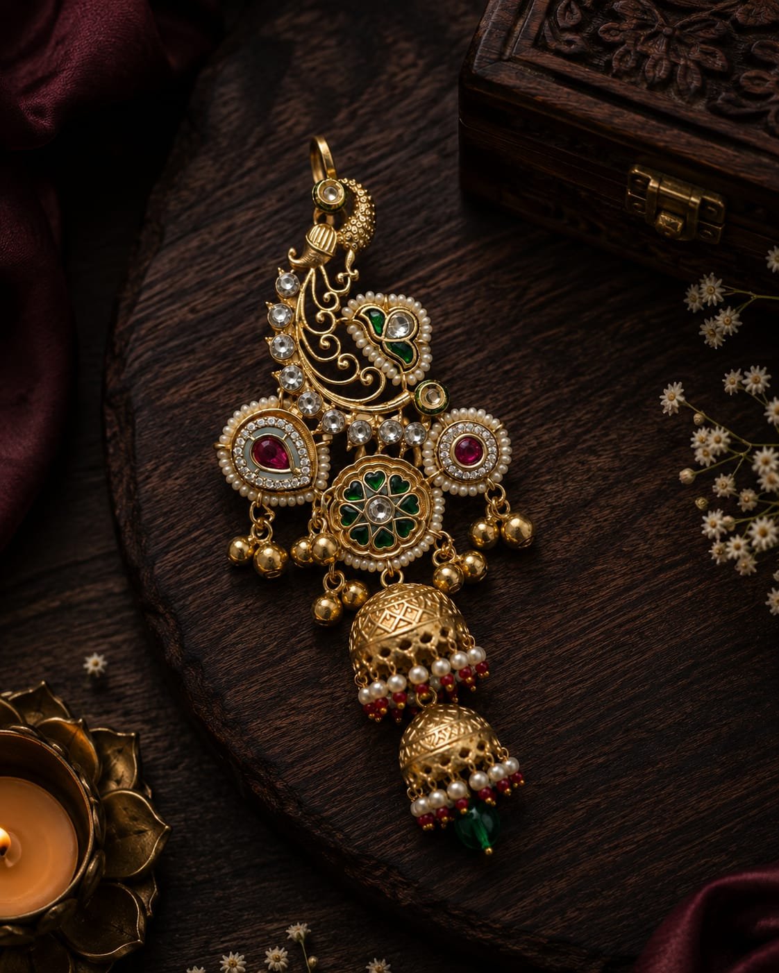 golden green pearl heavy statement earrings mockup 2 Golden heavy statement earrings with green and pink stones, pearl detailing and double jhumka drops