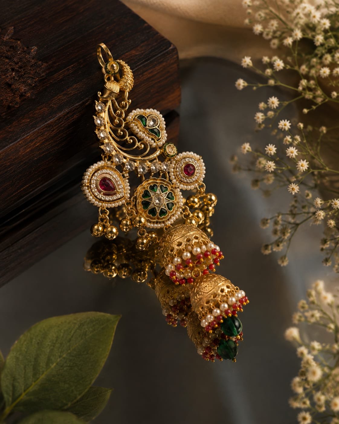golden green pearl heavy statement earrings mockup 3 golden green pearl heavy statement earrings mockup 3