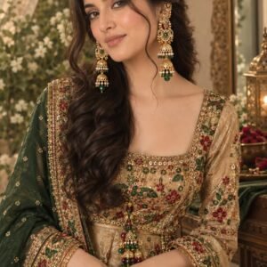 Model wearing gold-plated multi-tiered ear cuff Jhumka earrings with green crystal beads and pearls.