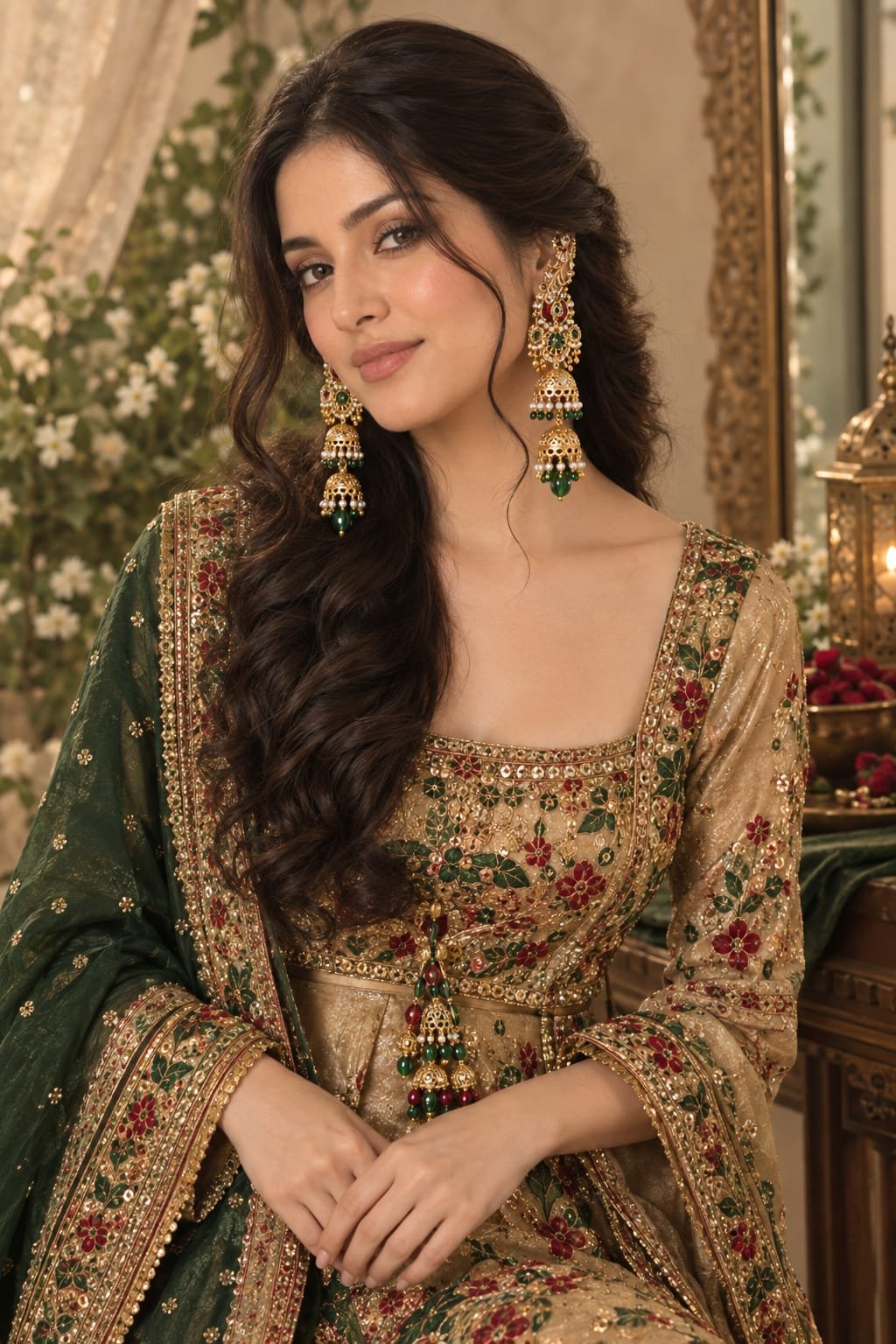 golden green pearl heavy statement earrings model 1 Model wearing gold-plated multi-tiered ear cuff Jhumka earrings with green crystal beads and pearls.