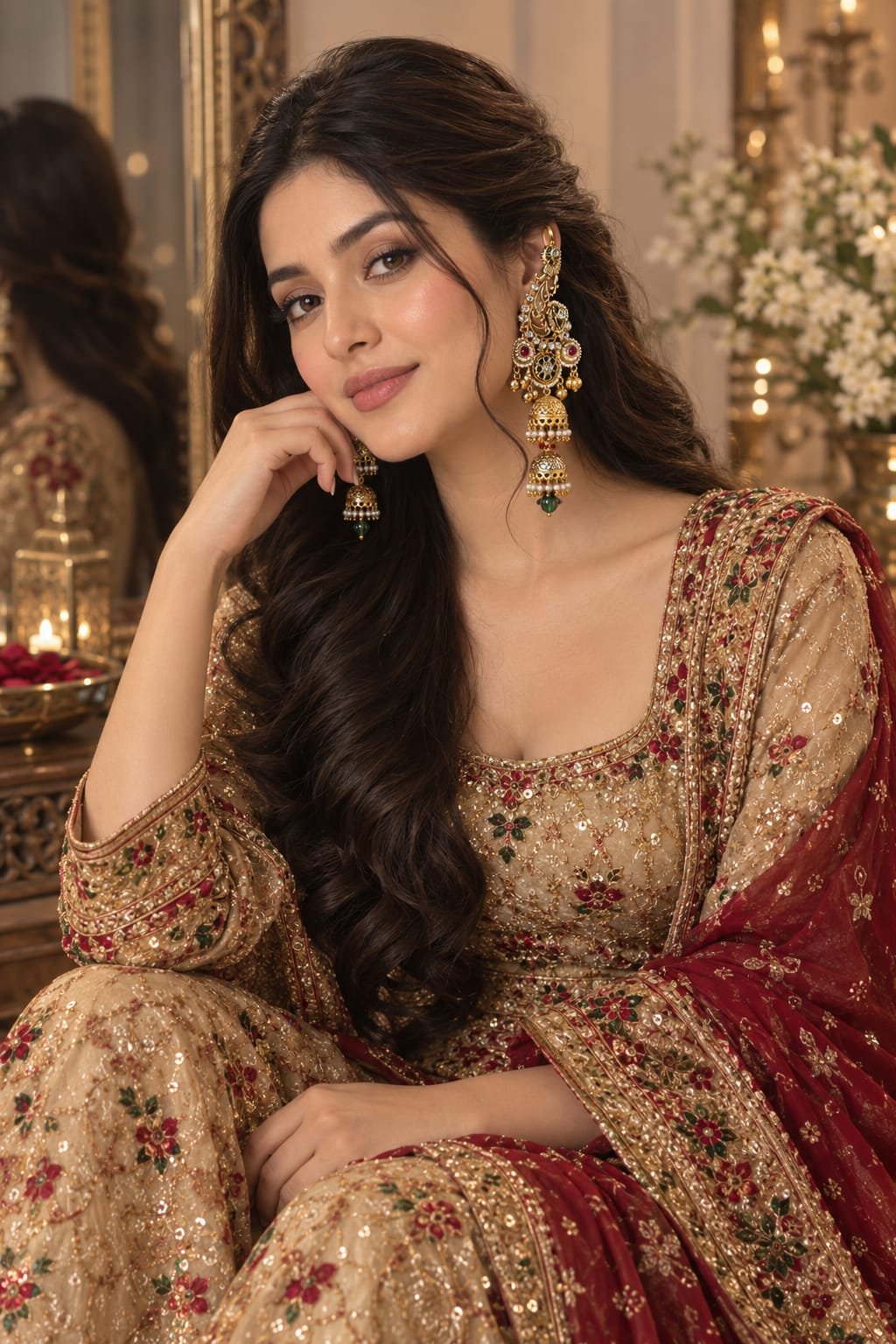 golden green pearl heavy statement earrings model 2 Seated model showcasing gold ear cuff Jhumkas with green beads and pearl dangles.